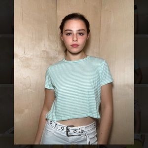 Monki light turquoise and white striped crop tank